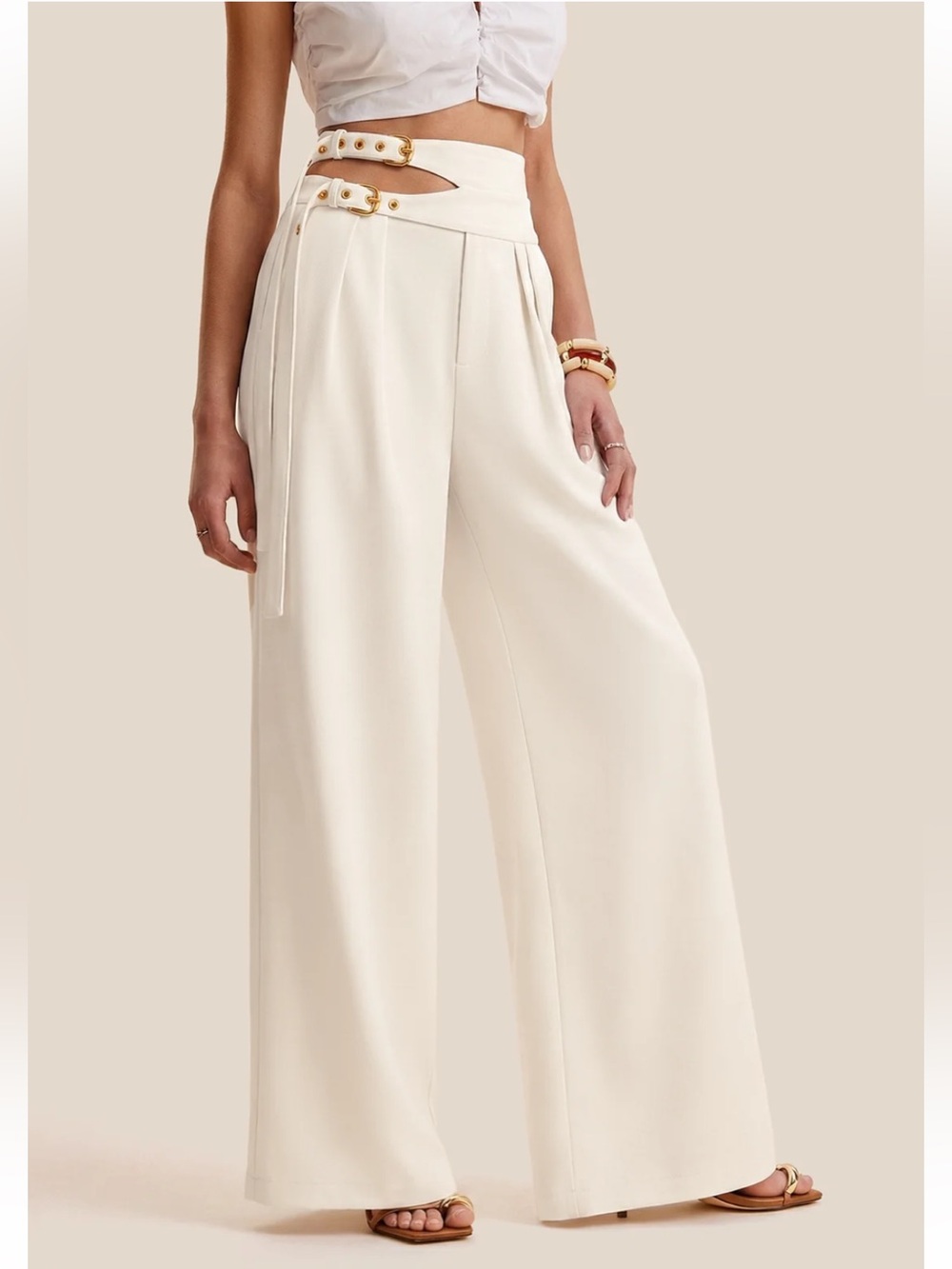 Commense High-Waist Wide-Leg Cream Pants with Cutout Waist
